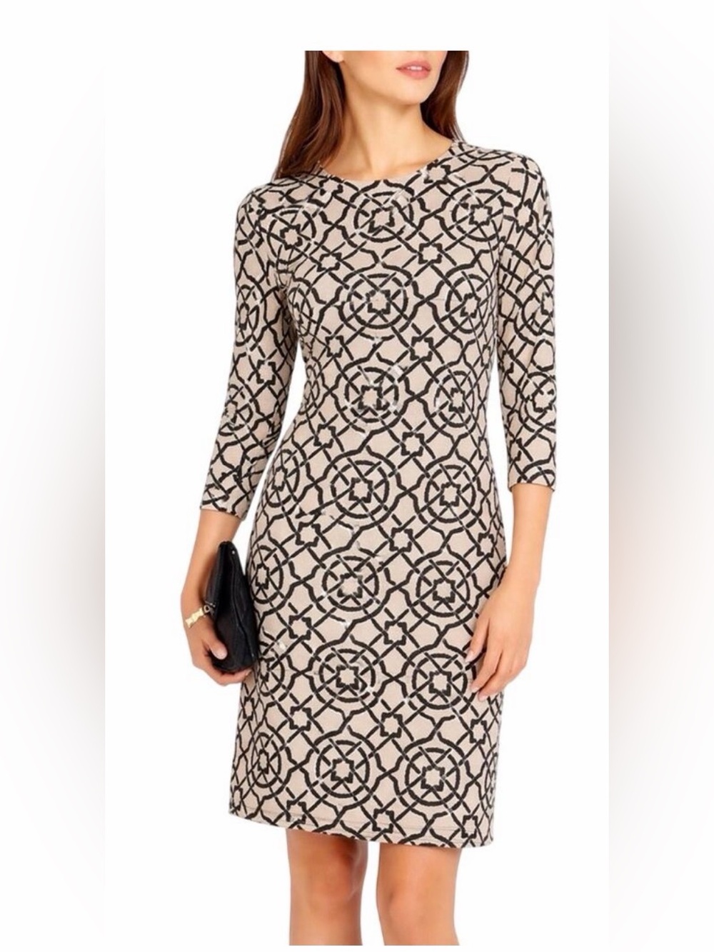 EUC SZ S J. McLaughlin Black and Tan Sheath Dress with Geometric Pattern